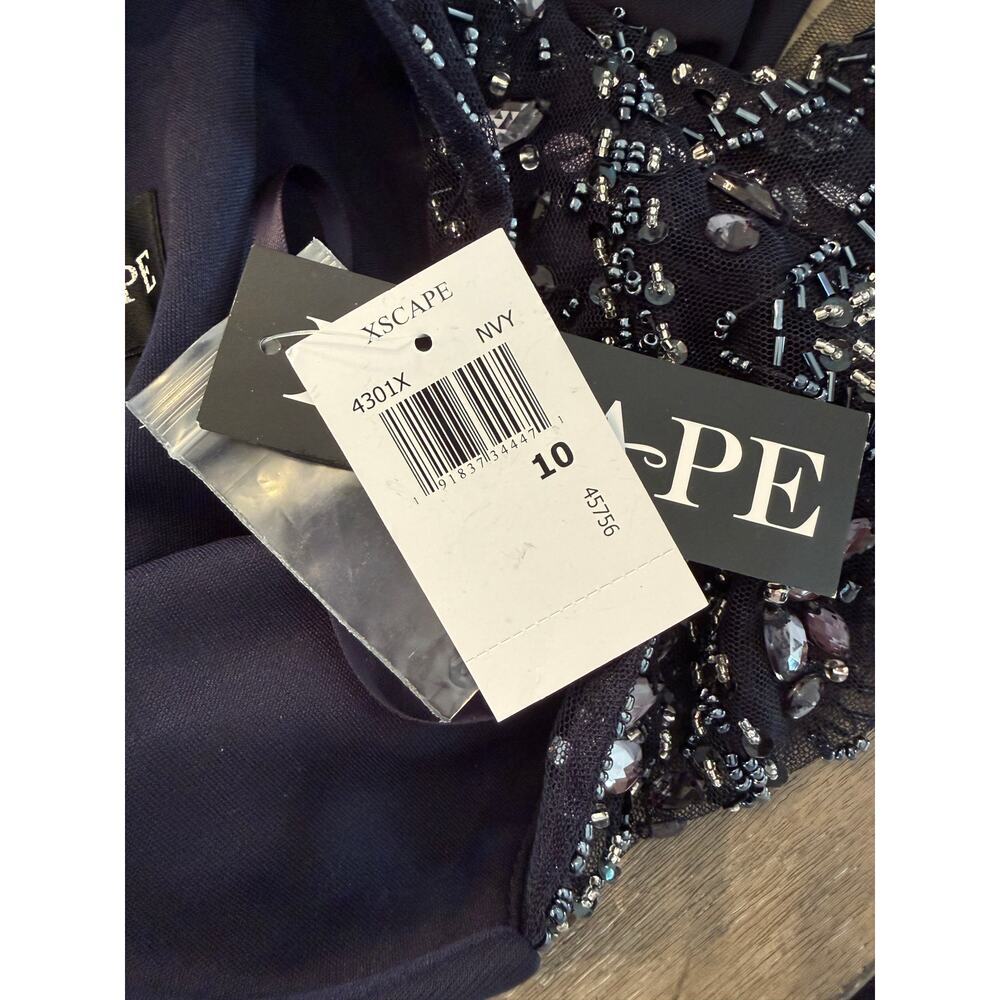 Xscape Women's Navy Sheer Flutter Sleeve V-Neck Beaded Slim Gown Size 10 - Picture 10 of 10